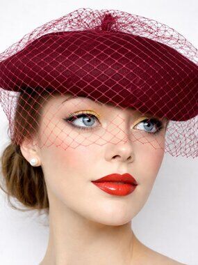 Burgundy Wool Felt Beret w Veil Netting Church Party Retro Style Hat - Hey Viv